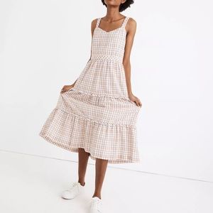 Madewell gingham sweetheart ruffle tiered midi dress